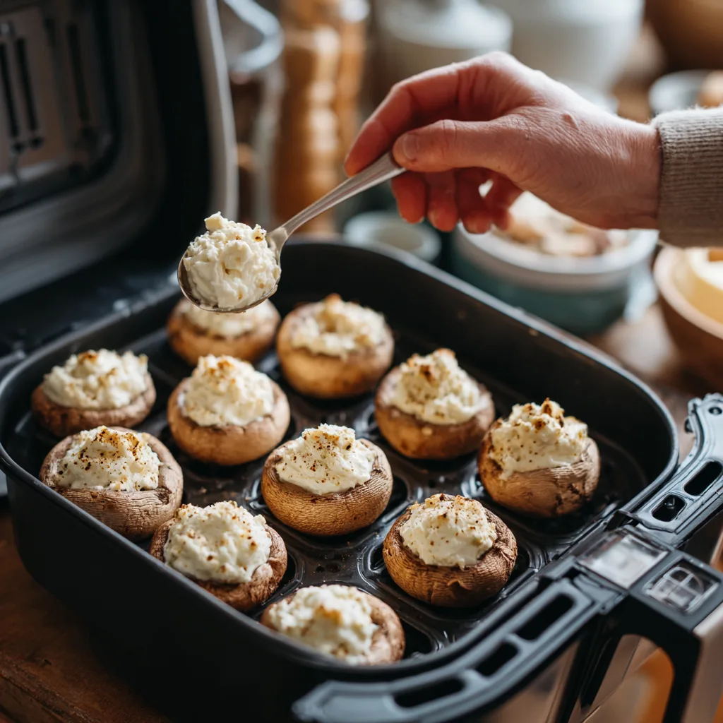 Airfryer gefüllte Champignons mit Käse-Frischkäse-Füllung befüllen