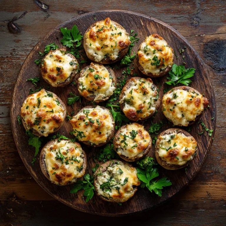 Airfryer gefüllte Champignons auf einem Holzbrett von oben