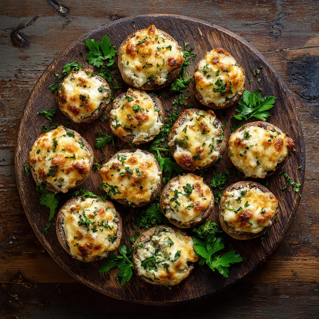 Airfryer gefüllte Champignons auf einem Holzbrett von oben