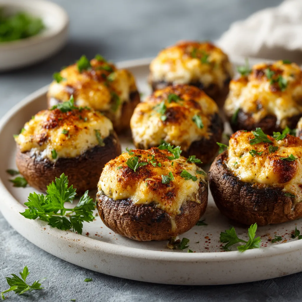 Airfryer gefüllte Champignons servierfertig auf weißem Teller