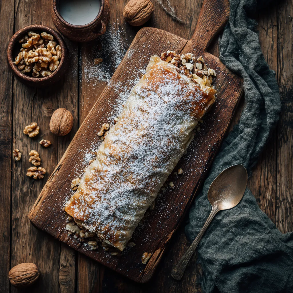 Apfelstrudel mit Nüssen auf Holzbrett von oben fotografiert