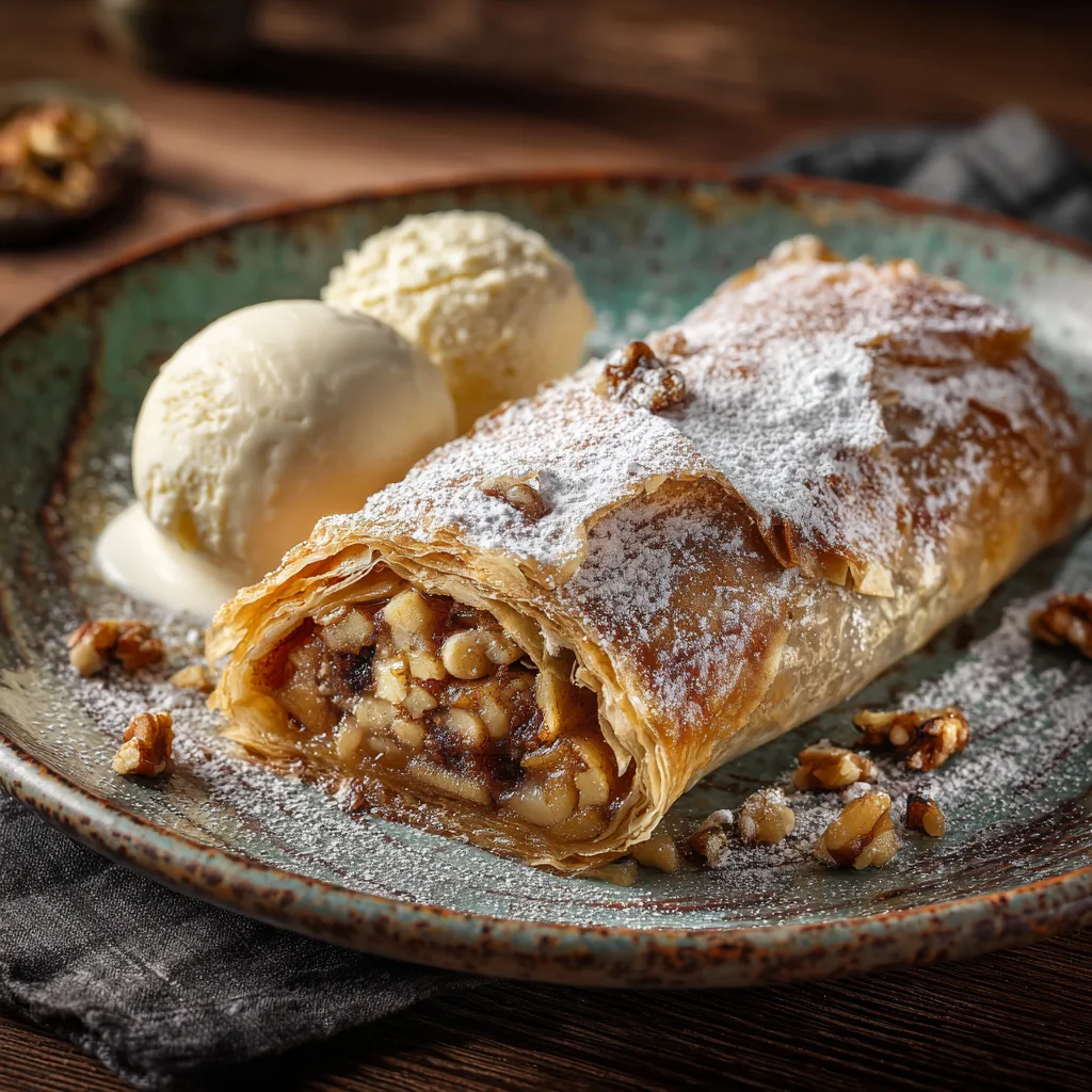 Fertig gebackener Apfelstrudel mit Nüssen mit Vanilleeis serviert