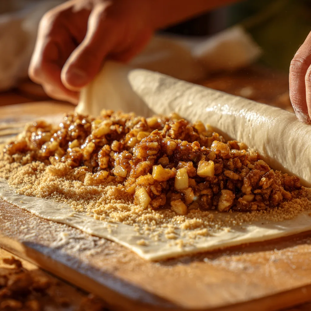 Apfel-Nuss-Füllung auf Strudelteig verteilen