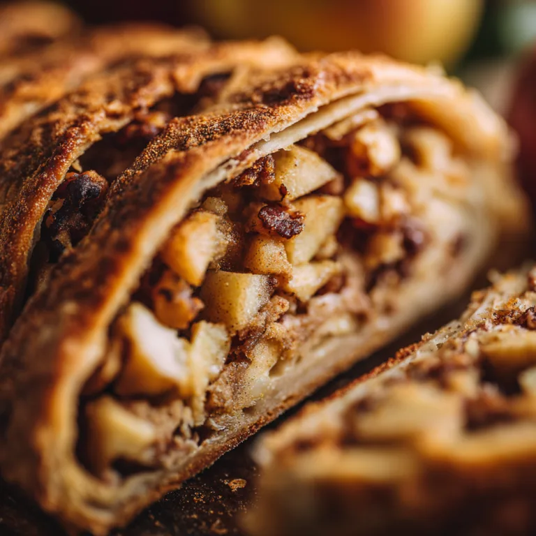 Nahaufnahme vom knusprigen Apfelstrudel mit Nüssen Schnitt