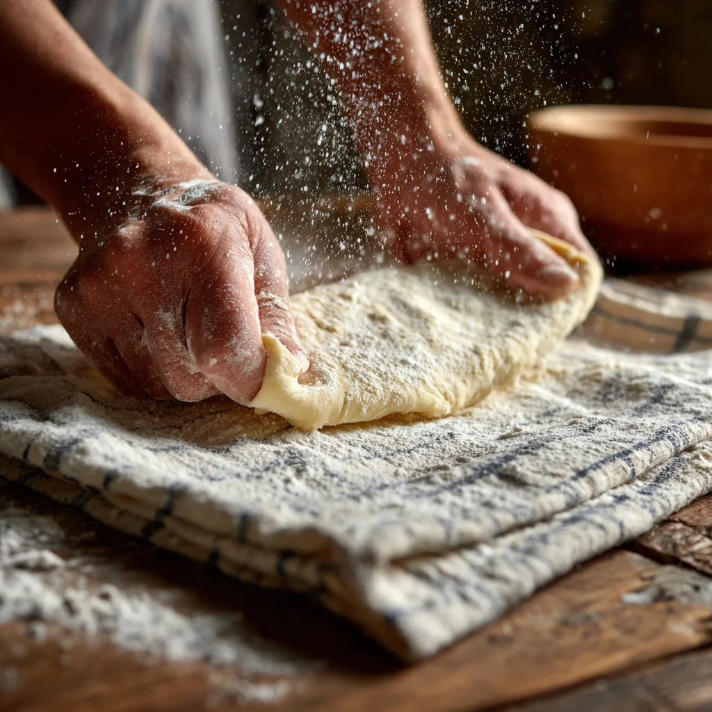 Strudelteig hauchdünn ausziehen für Apfelstrudel mit Nüssen