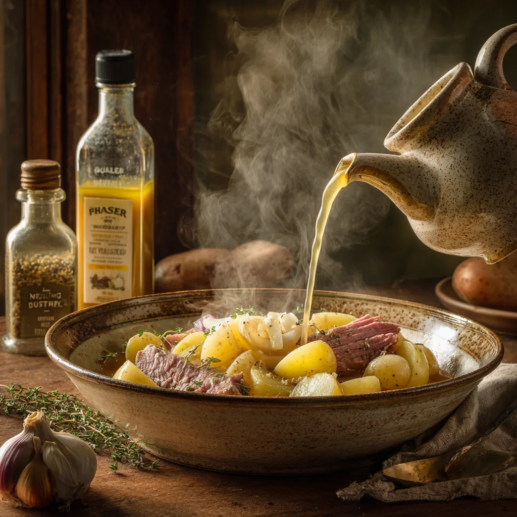 Heiße Brühe wird über Kartoffelscheiben für bayerischen Kartoffelsalat gegossen