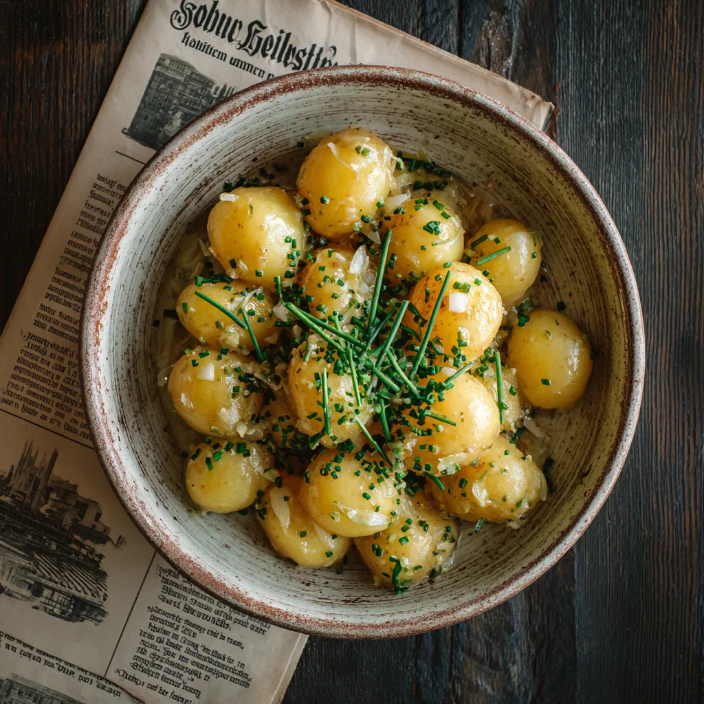 Bayerischer Kartoffelsalat in einer rustikalen Schüssel von oben fotografiert