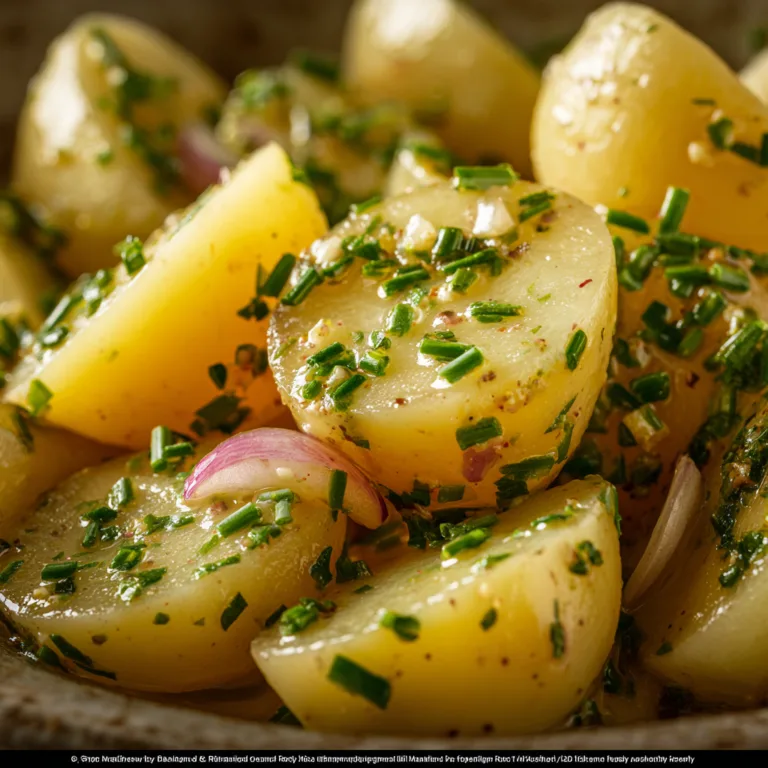 Nahaufnahme von bayerischem Kartoffelsalat mit glänzender Brühemarinade und Schnittlauch
