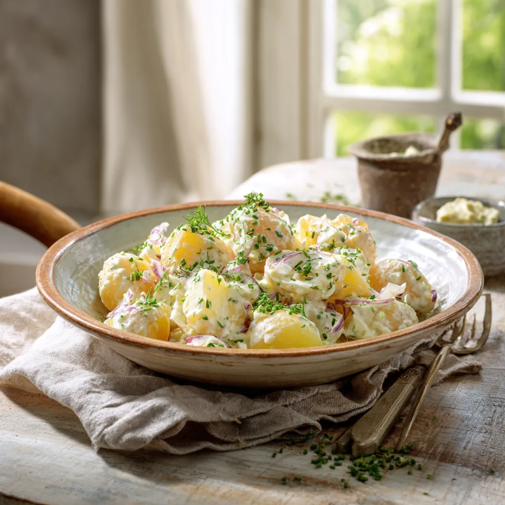 Fertig angerichteter bayerischer Kartoffelsalat mit Schnittlauch garniert