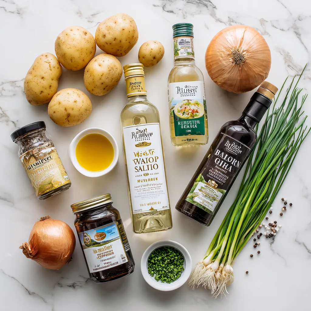 Zutaten für bayerischen Kartoffelsalat: Kartoffeln, Essig, Senf, Zwiebel und Brühe