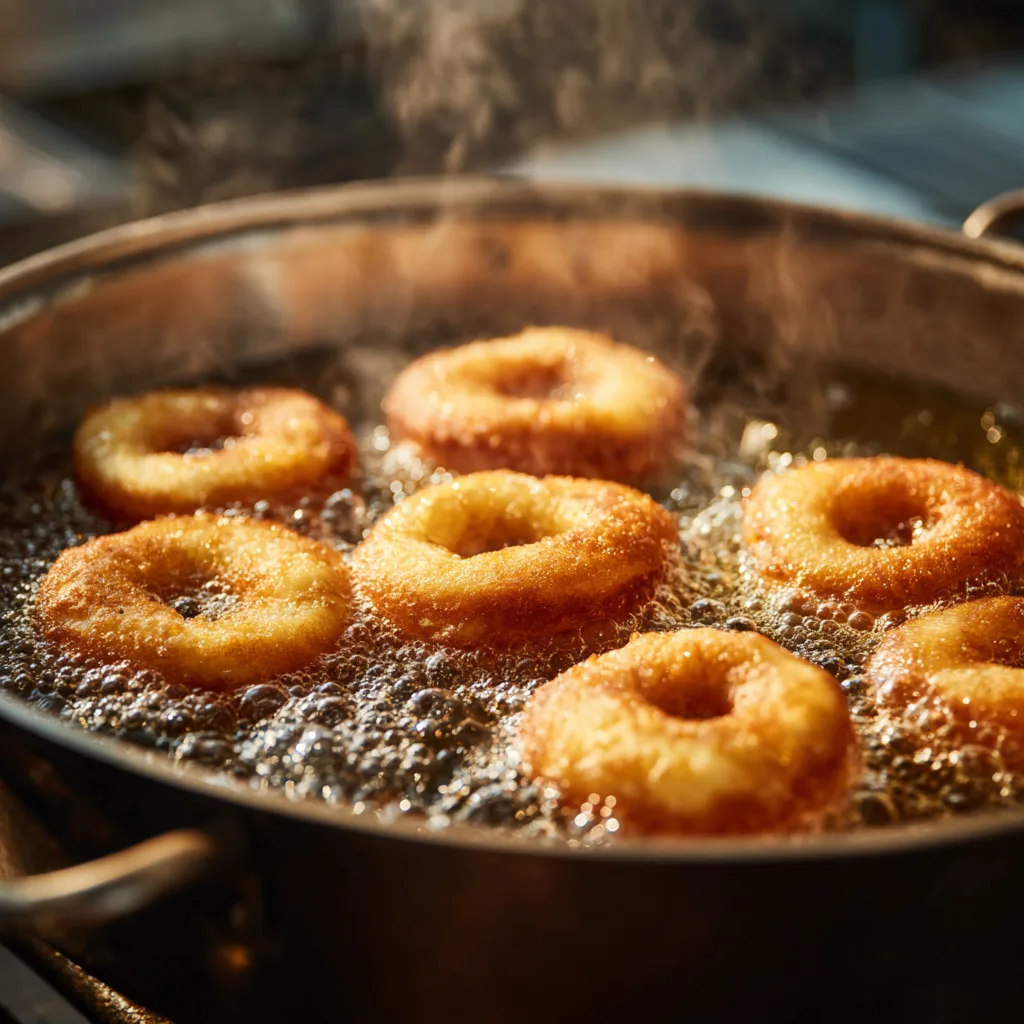 Berliner mit Himbeermarmelade werden in heißem Öl frittiert