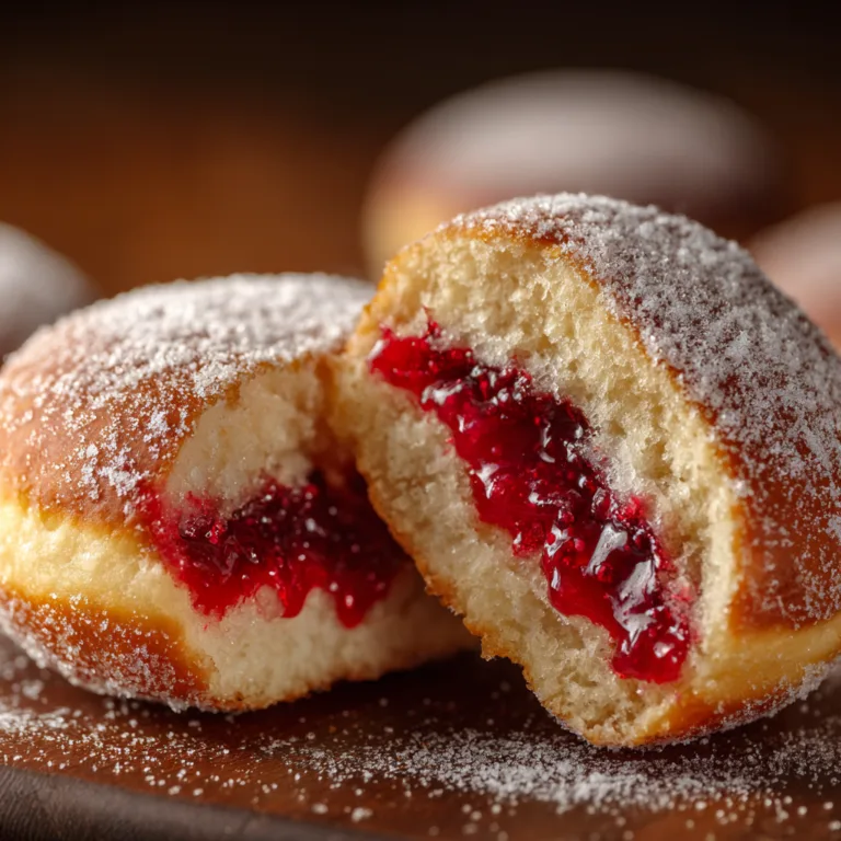 Aufgeschnittener Berliner mit roter Himbeermarmelade-Füllung