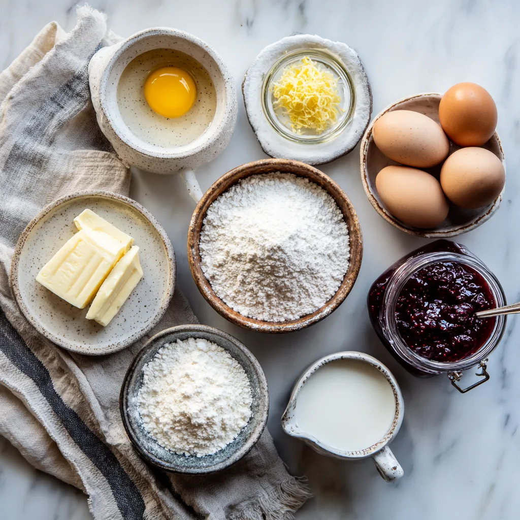 Zutaten für Berliner mit Himbeermarmelade auf Marmorplatte