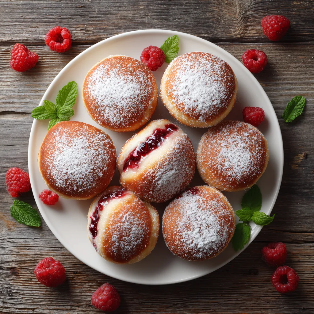 Berliner mit Himbeermarmelade auf einem Teller, Draufsicht