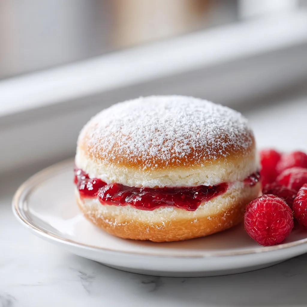 Fertiger Berliner mit Himbeermarmelade und Puderzucker