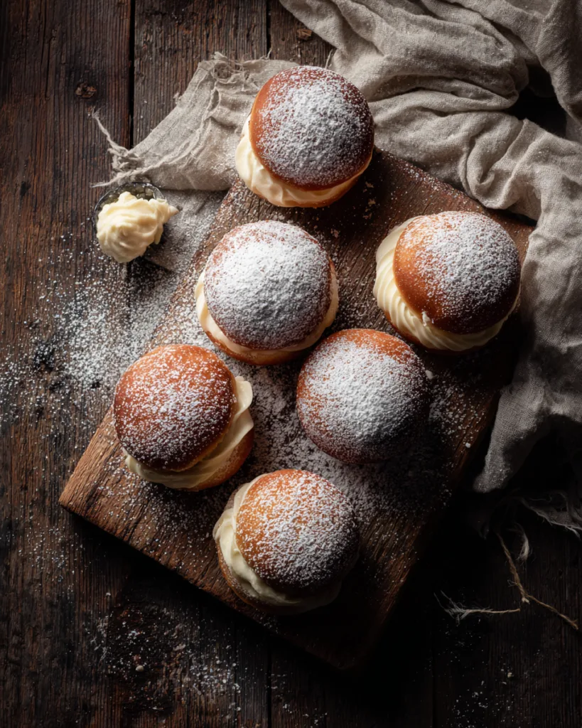Berliner mit Vanillecreme auf einem Holzbrett von oben