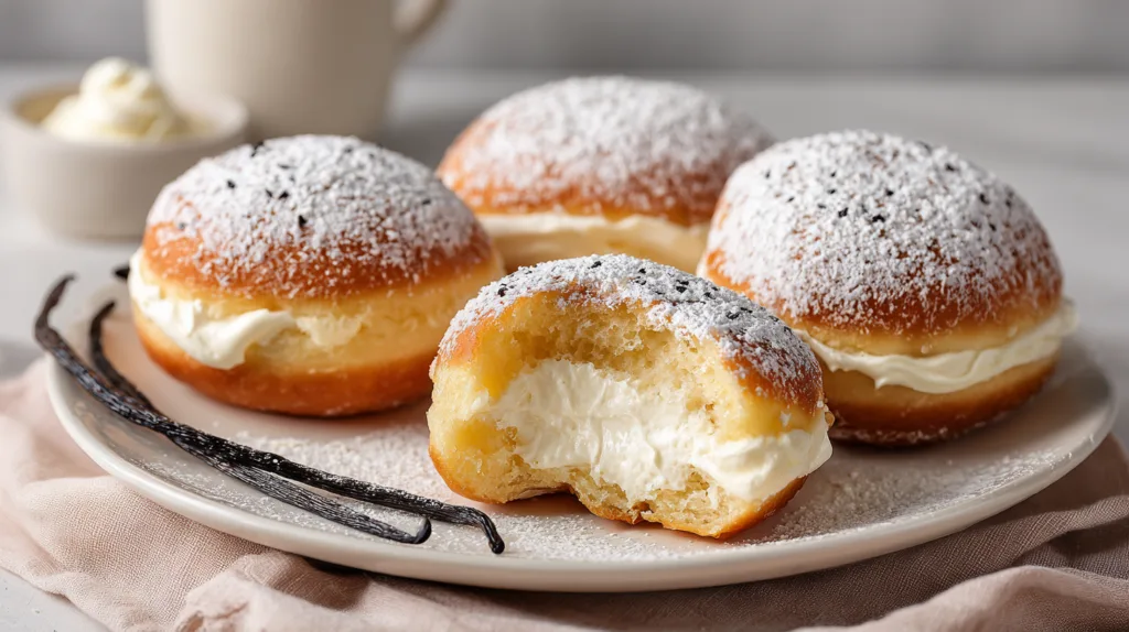 Fertige Berliner mit Vanillecreme auf weißem Teller