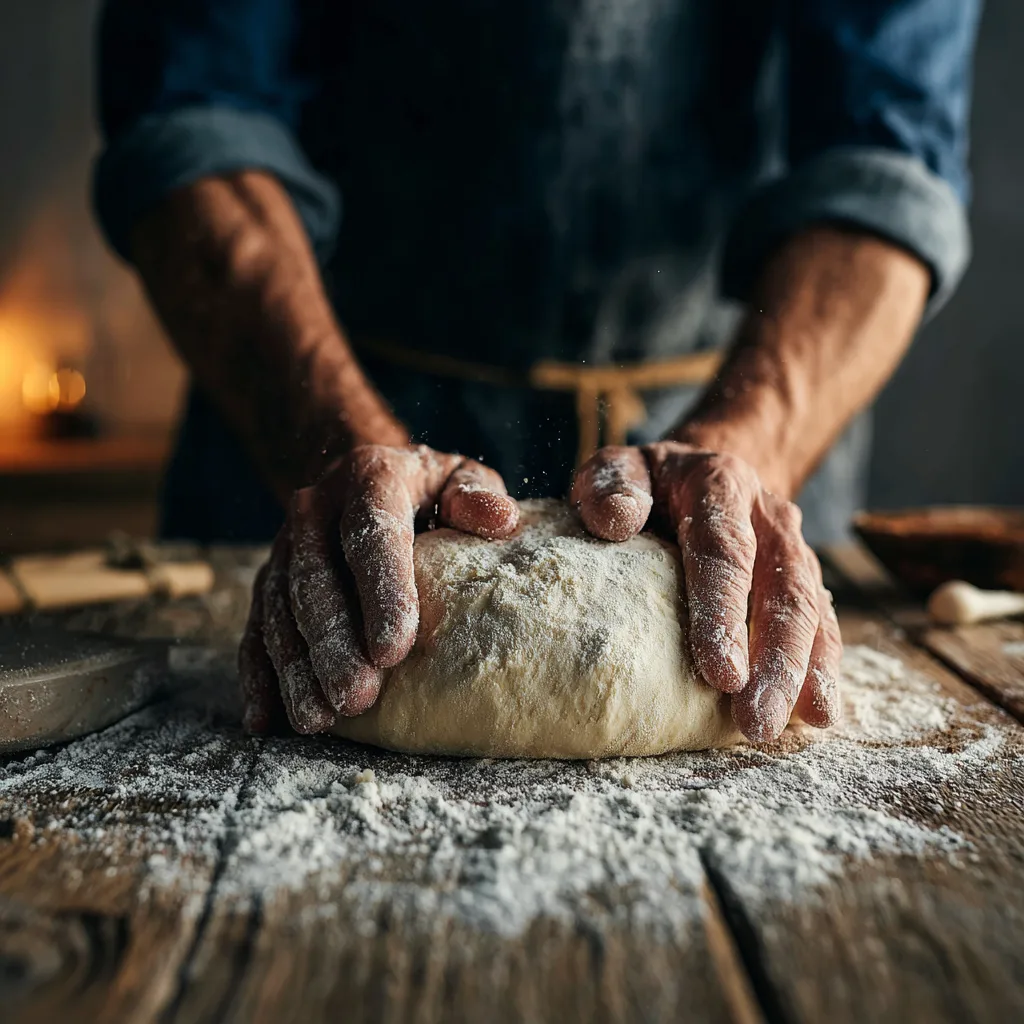 Hände kneten Hefeteig für Berliner mit Himbeermarmelade