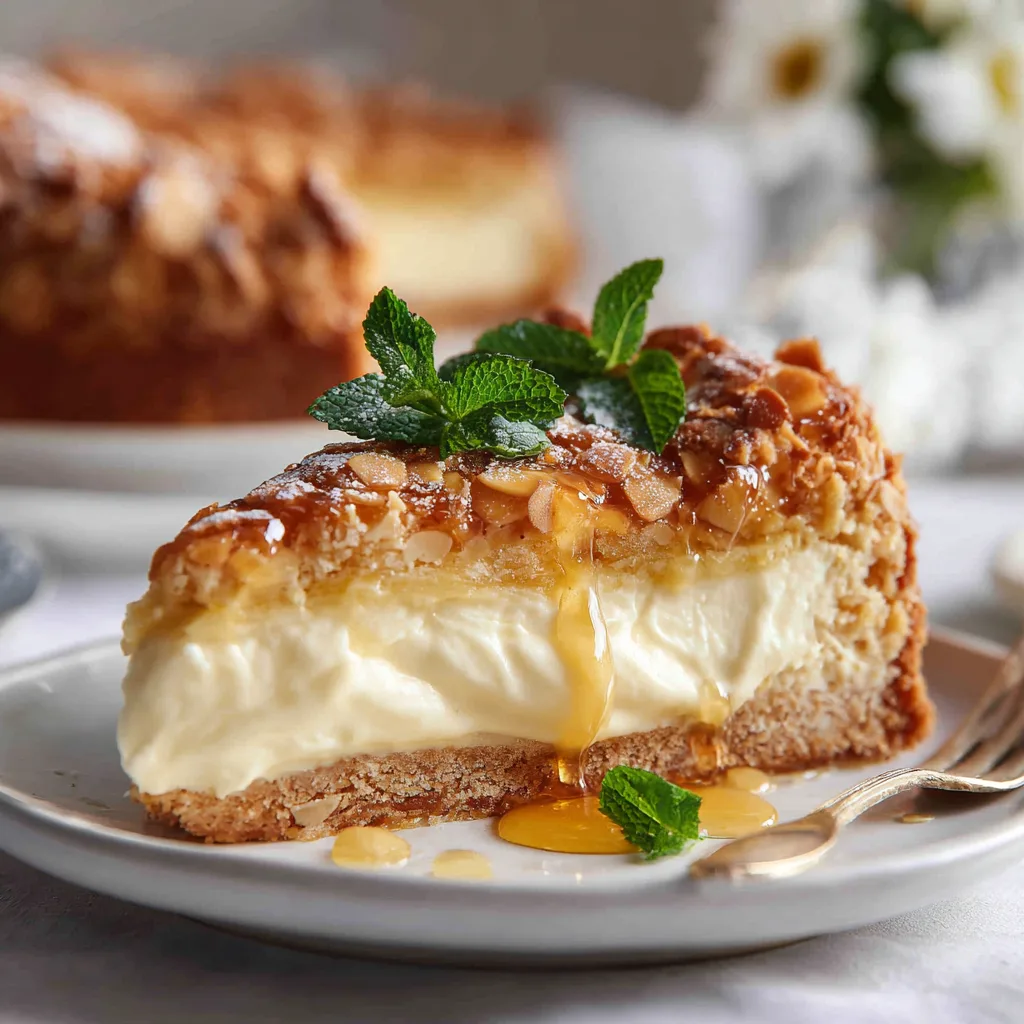 Fertiger klassischer Bienenstich mit Puddingcreme auf einem Teller – Hauptbild