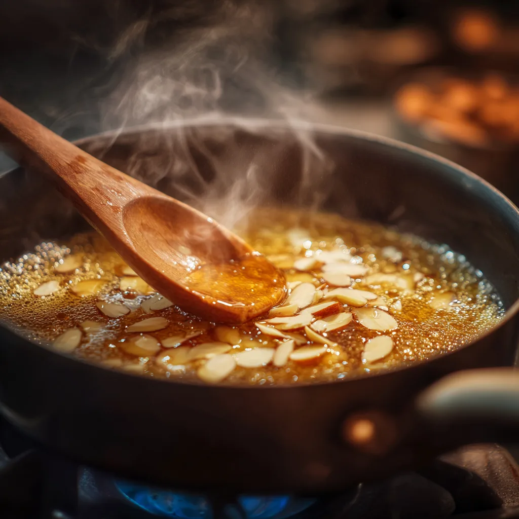 Mandelbelag für Bienenstich aufkochen mit Butter, Honig und Sahne