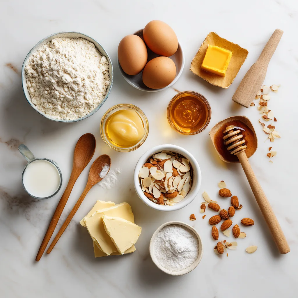 Zutaten für Bienenstich Rezept – Mehl, Butter, Mandeln, Honig und Vanillepudding