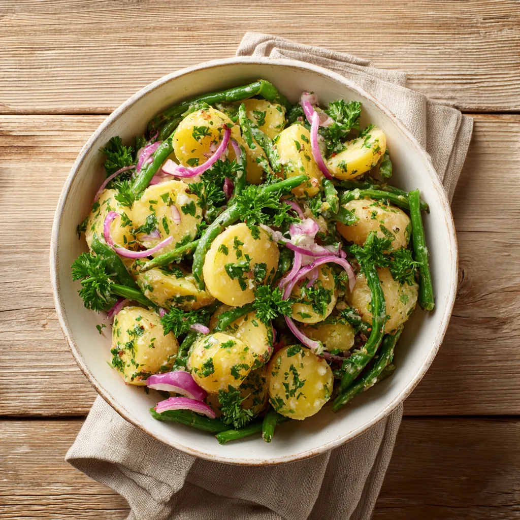 Bohnensalat mit Kartoffeln in weißer Schüssel – Draufsicht