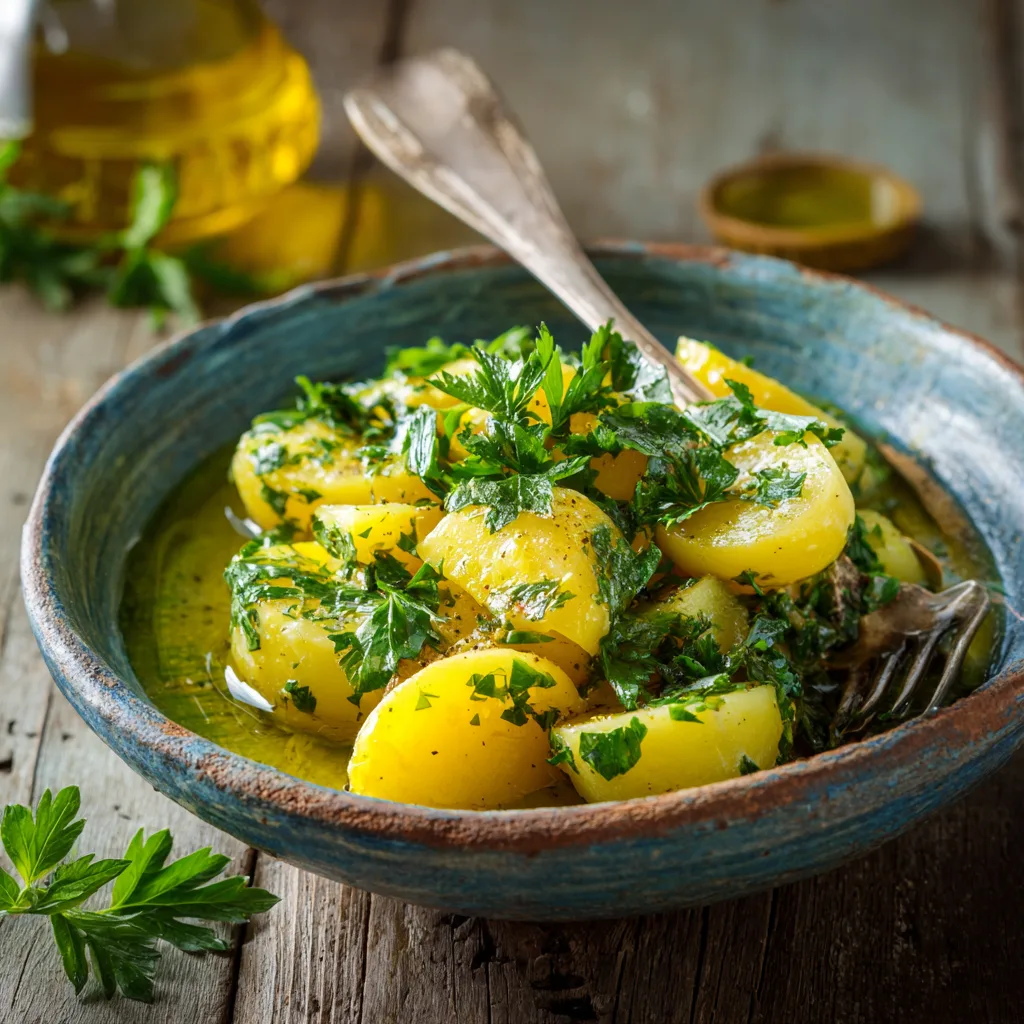 Fertiger Bohnensalat mit Kartoffeln servierfertig
