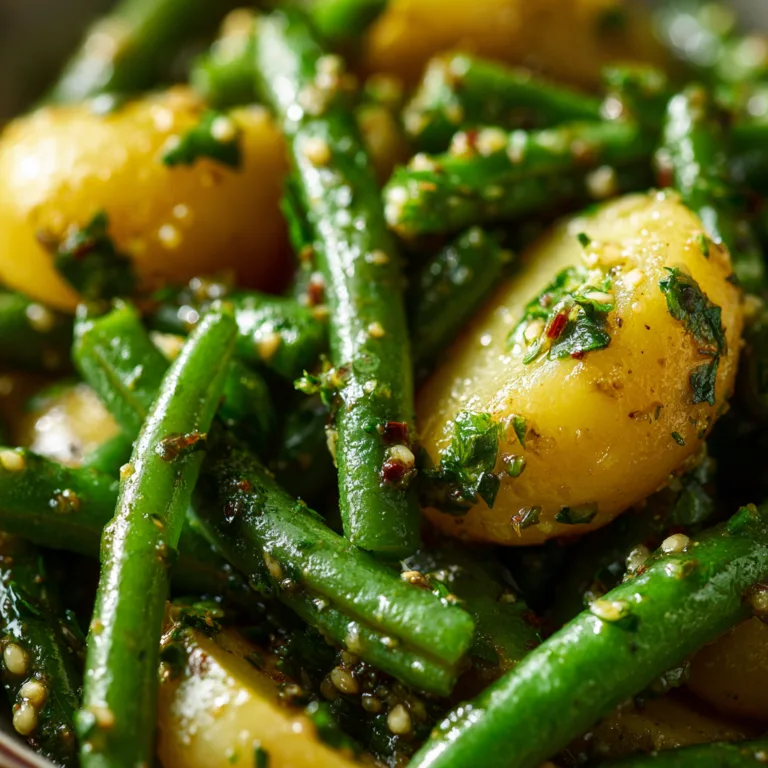 Nahaufnahme Bohnensalat mit Kartoffeln Textur