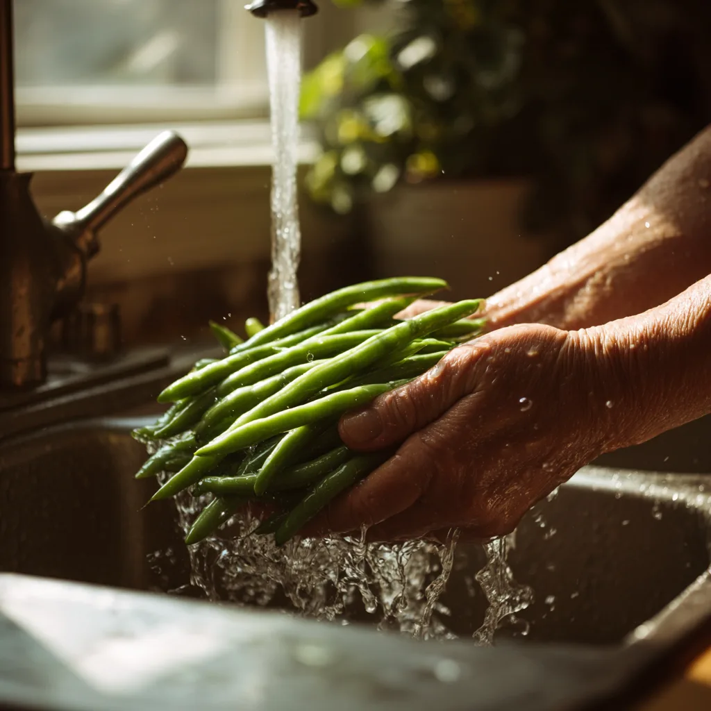 Vorbereitung grüne Bohnen waschen für Bohnensalat