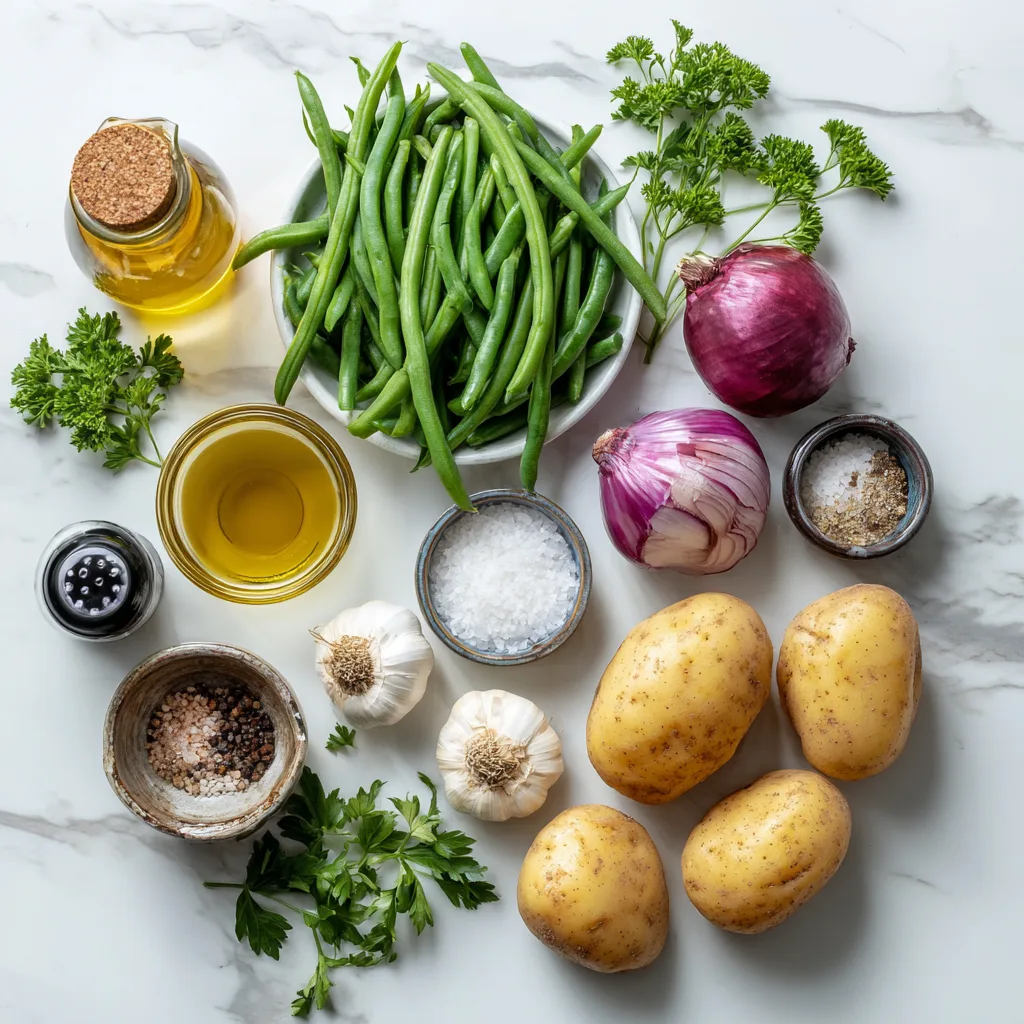 Alle Zutaten für Bohnensalat mit Kartoffeln – Flat Lay