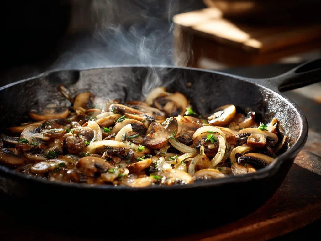 Champignons und Zwiebeln in Pfanne anbraten für Flammkuchen