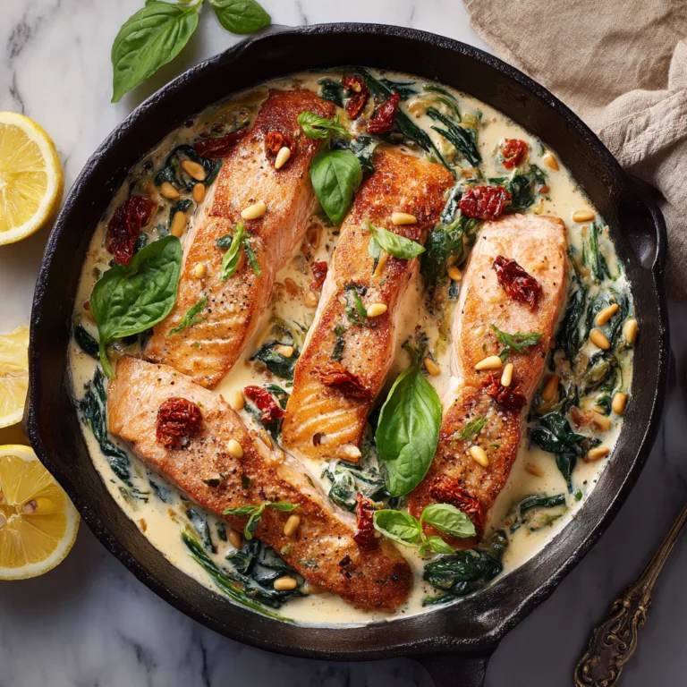 Cremiges Toskana Lachs in einer Gusseisenpfanne mit Sahnesauce, sonnengetrockneten Tomaten und Spinat – Draufsicht