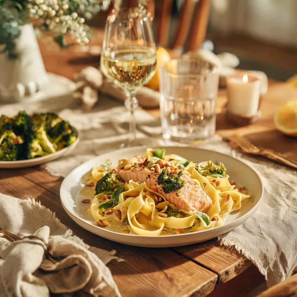 Cremiges Toskana Lachs auf Tagliatelle serviert mit Brokkoli und Weißwein – elegantes Abendessen