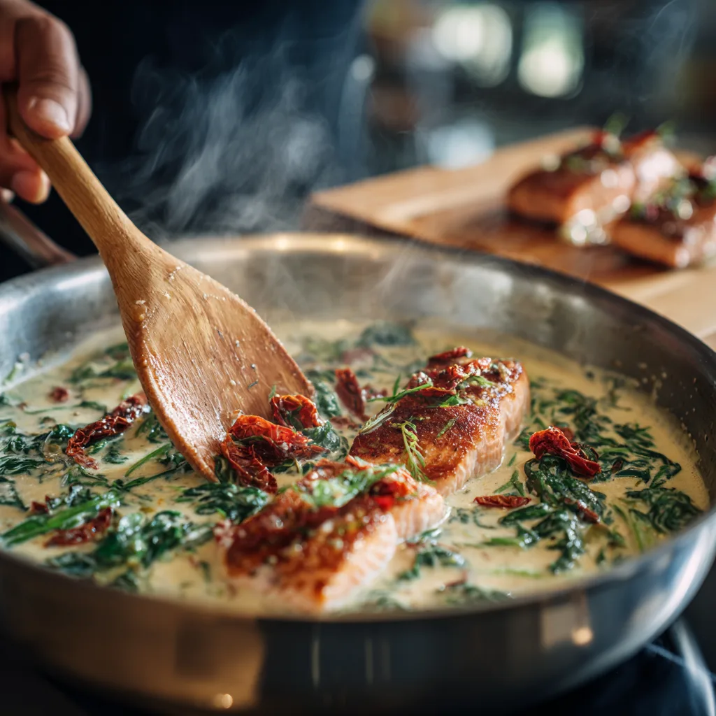 Zubereitung von Cremiges Toskana Lachs – Sahnesauce in der Pfanne rühren mit Spinat und Tomaten