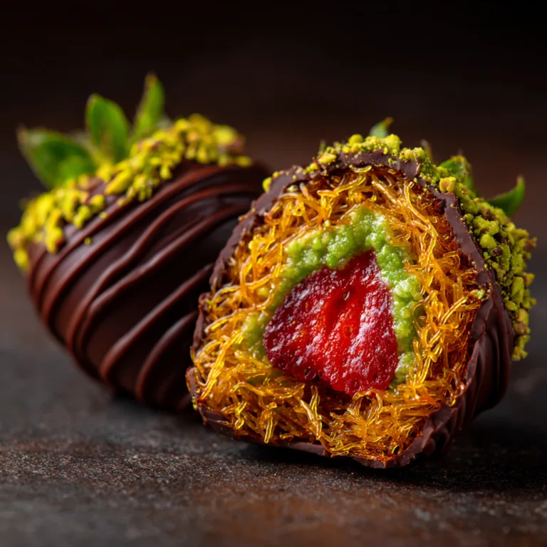 Querschnitt Dubai Schokolade mit Erdbeeren – knusprige Kadayıf-Pistazienfüllung sichtbar