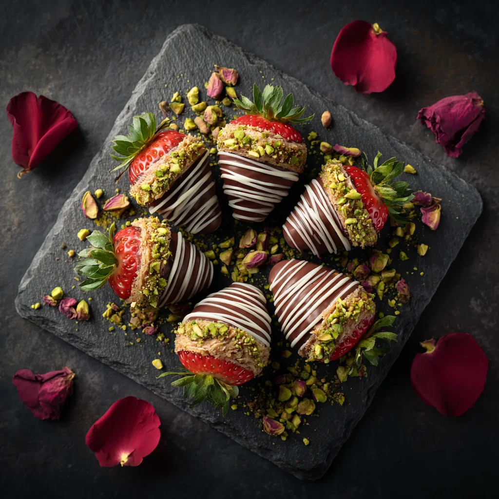 Dubai Schokolade mit Erdbeeren auf Schieferplatte – Draufsicht