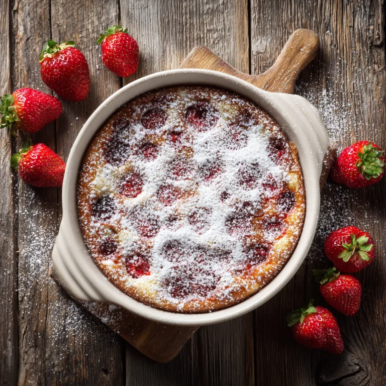 Erdbeer-Clafoutis von oben in weißer Auflaufform mit Puderzucker