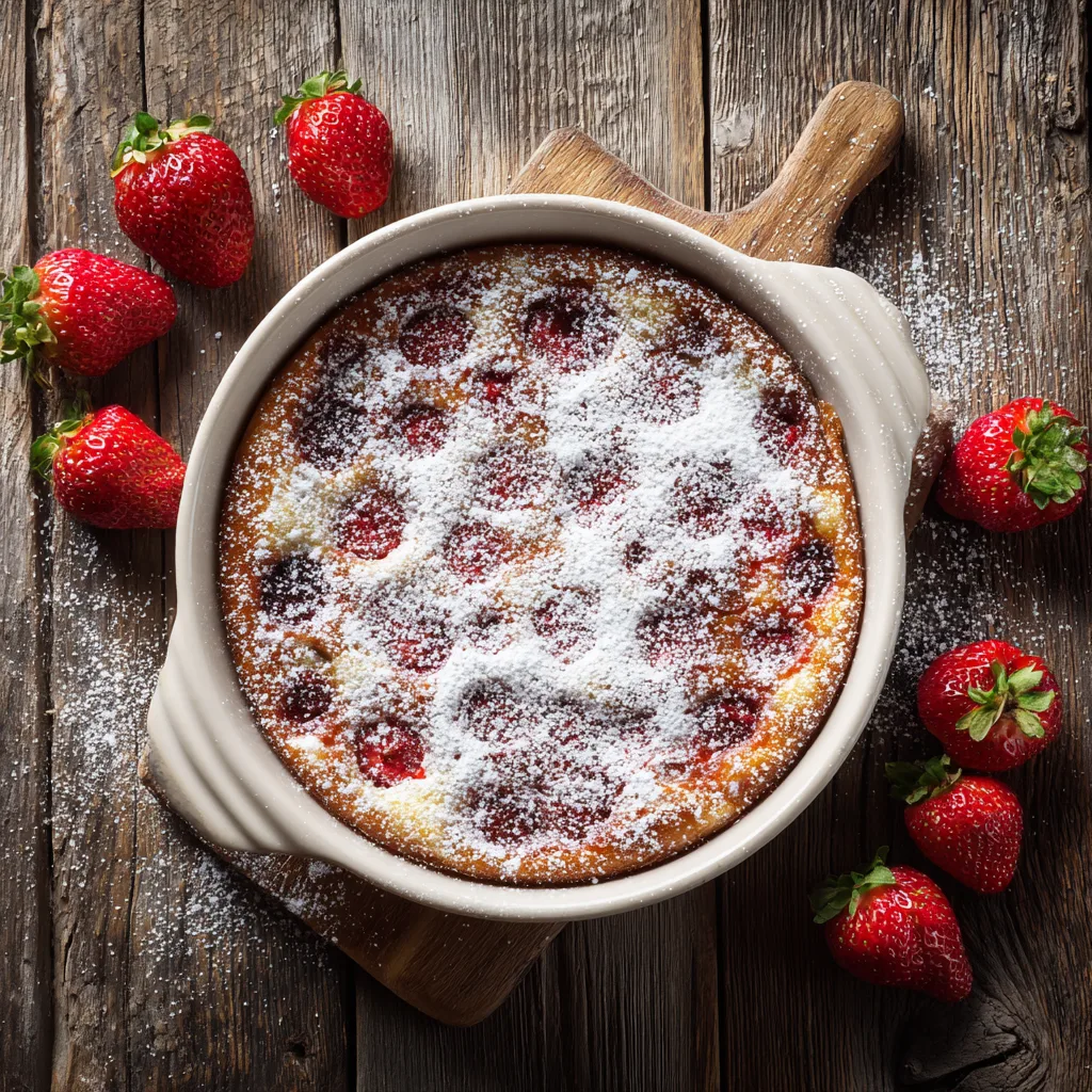 Erdbeer-Clafoutis von oben in weißer Auflaufform mit Puderzucker
