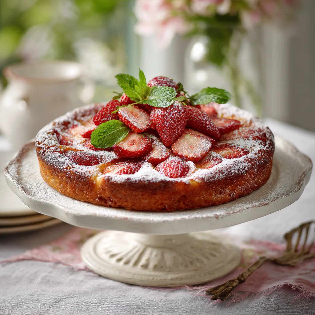 Fertiges Erdbeer-Clafoutis auf Kuchenständer mit Minzgarnitur