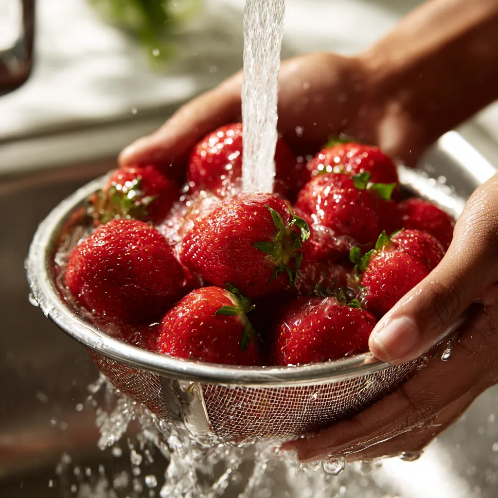 Erdbeeren waschen für Erdbeer-Clafoutis Liebe