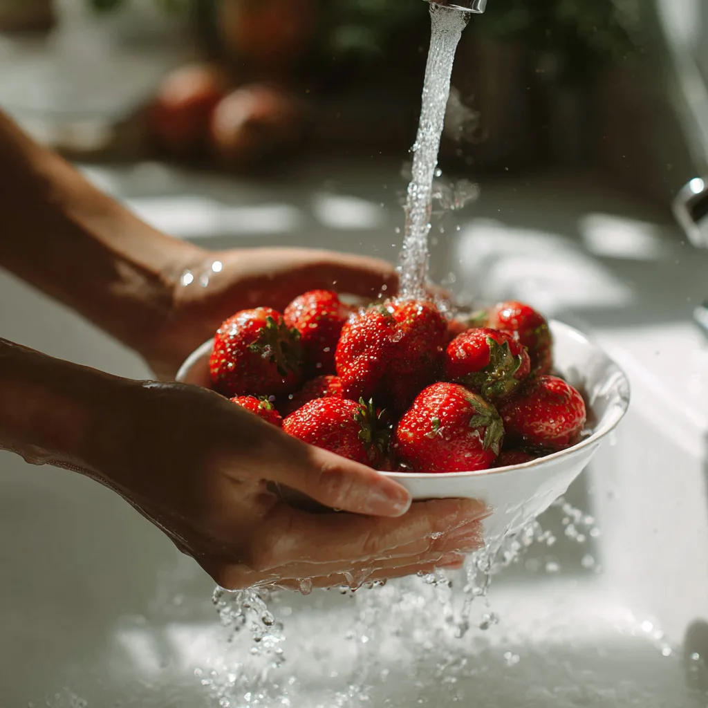 Erdbeeren waschen für Erdbeer-Clafoutis Zubereitung
