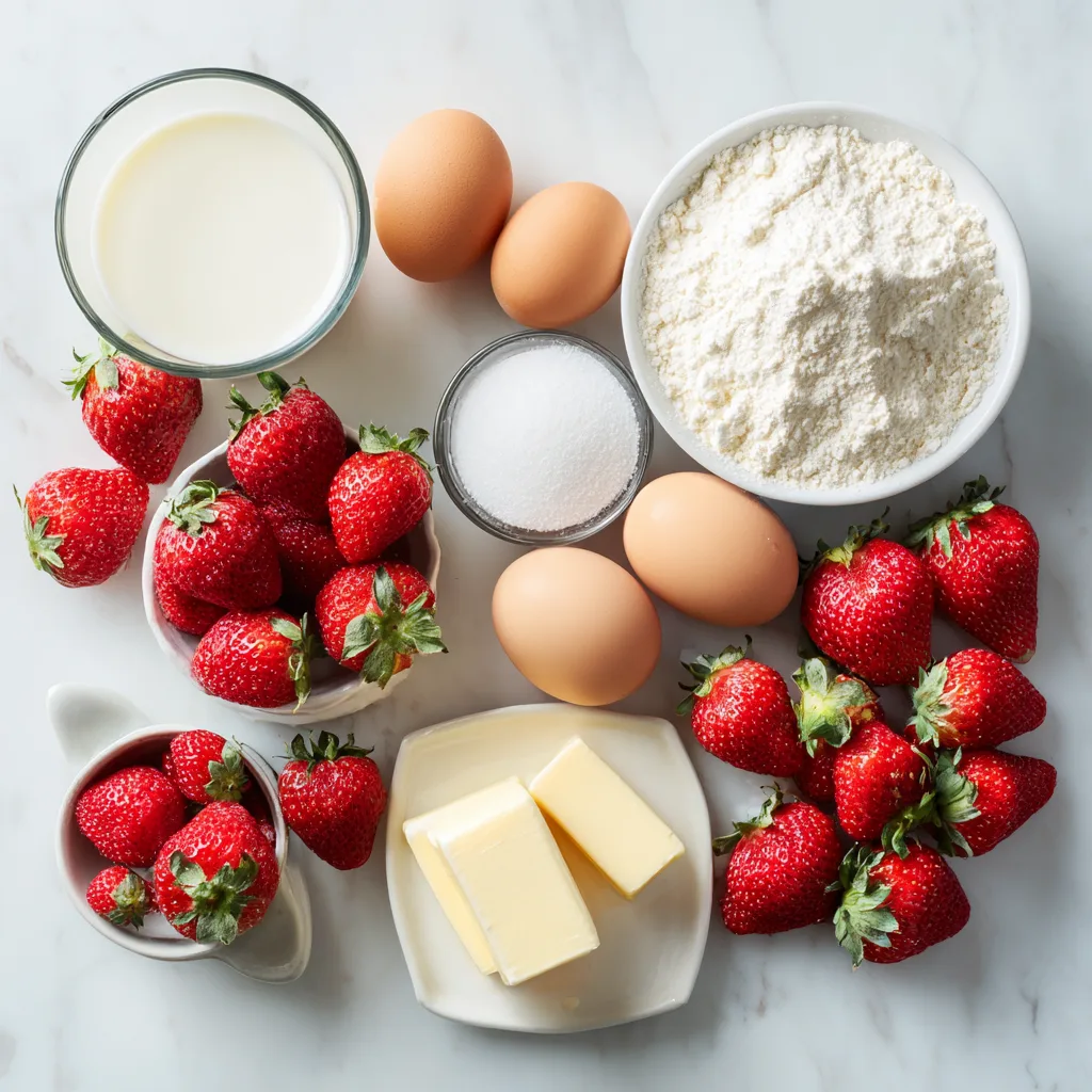 Zutaten für Erdbeer-Clafoutis Liebe – Flat Lay