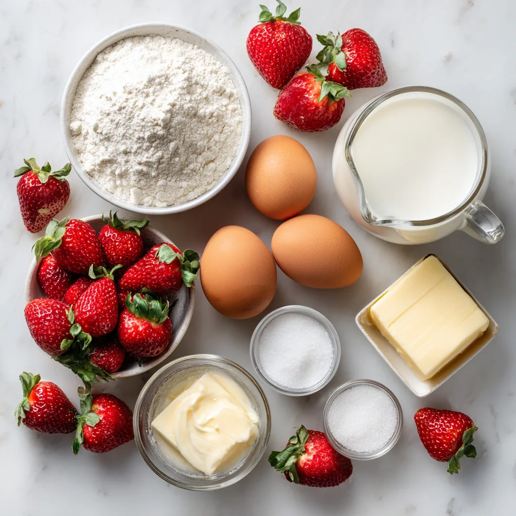 Alle Zutaten für Erdbeer-Clafoutis auf Marmoroberfläche