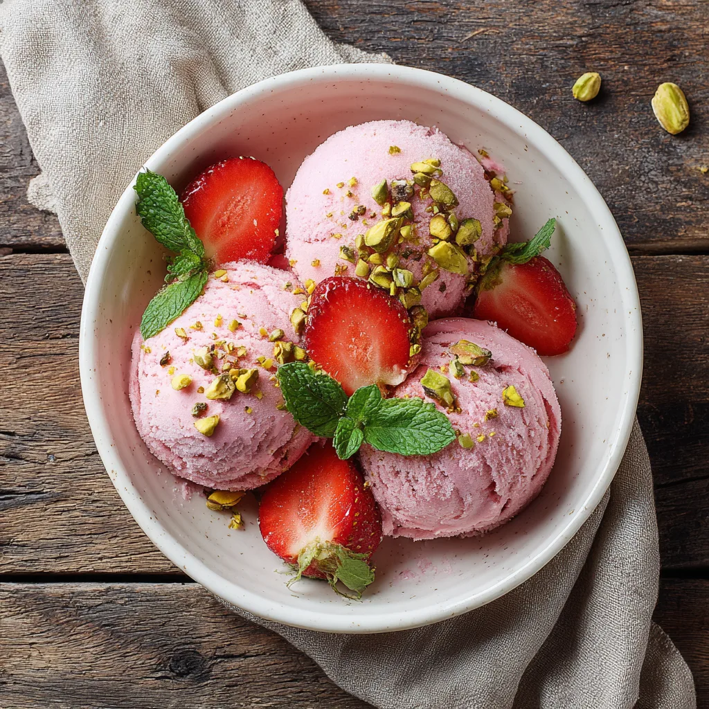 Erdbeer Gelato in weißer Schüssel mit frischen Beeren