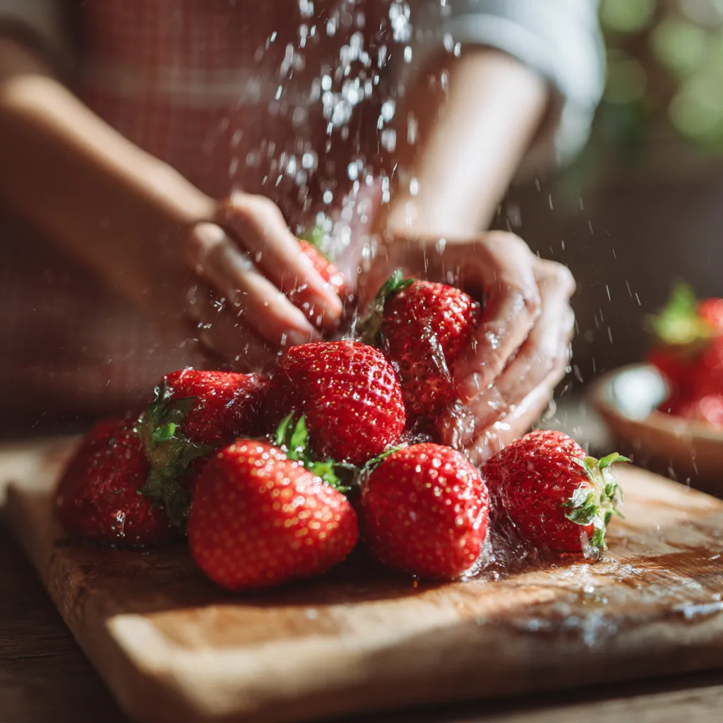 Erdbeeren waschen und schneiden für Erdbeer Gelato