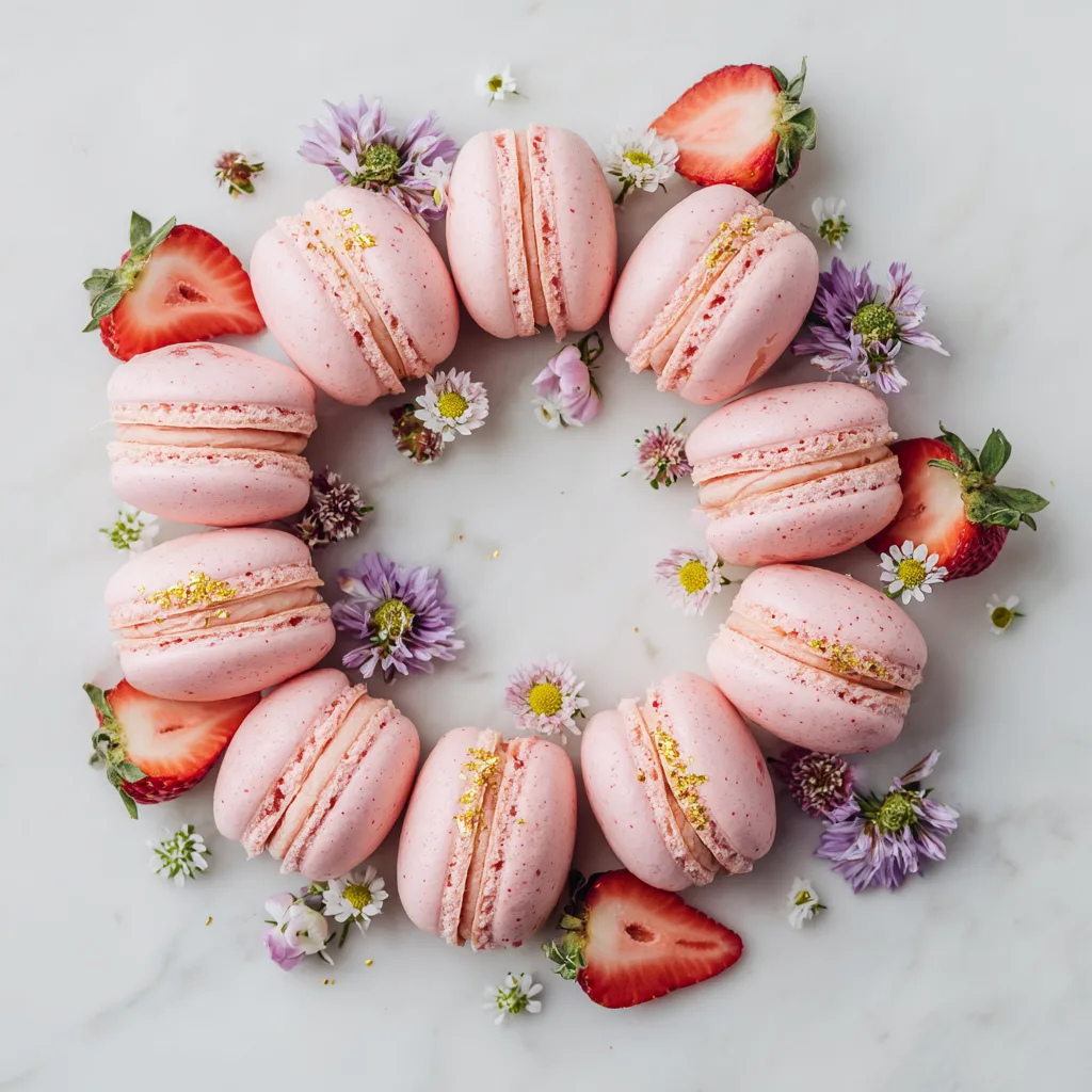 Erdbeer-Macarons Draufsicht auf Marmortisch