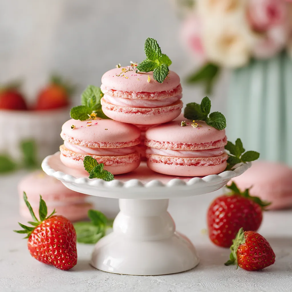 Fertige Erdbeer-Macarons auf Etagere
