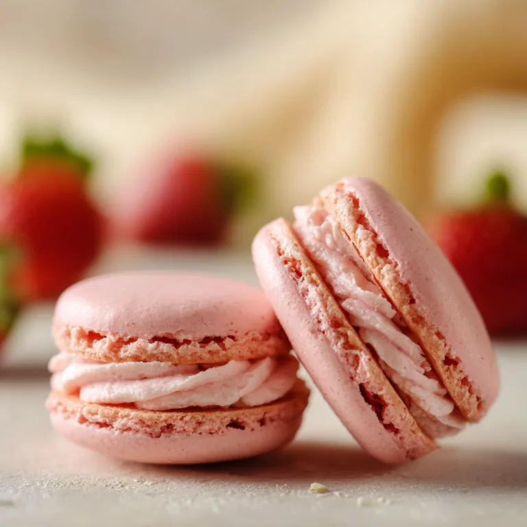 Nahaufnahme Erdbeer-Macarons mit Füllung