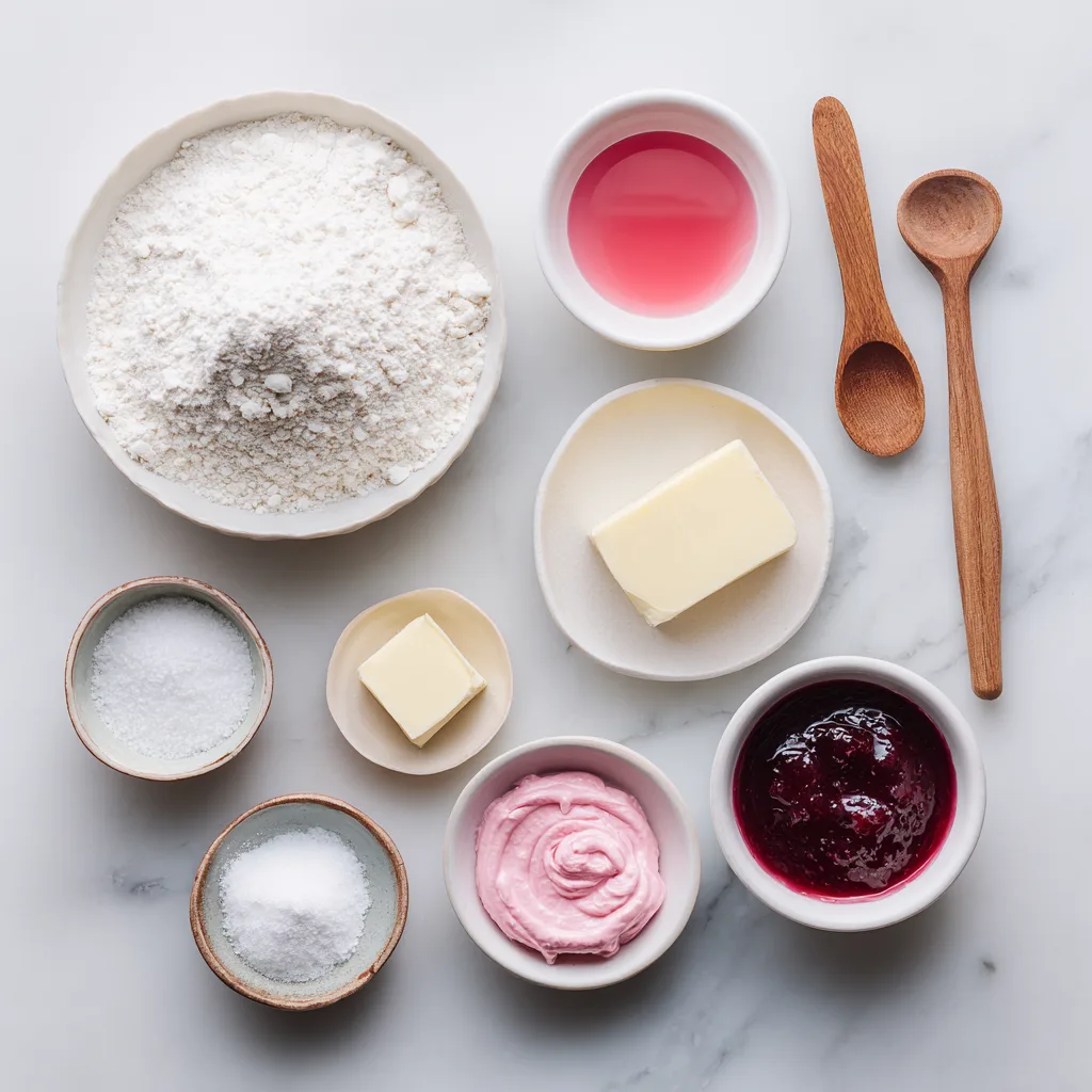 Zutaten für Erdbeer-Macarons Flatlay