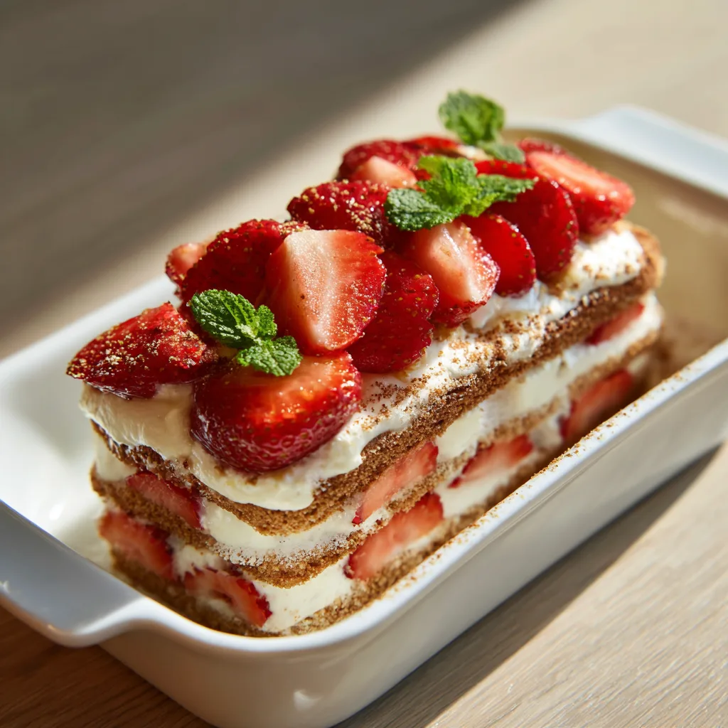 Erdbeer-Tiramisu cremiges Schichtdessert mit frischen Erdbeeren Draufsicht